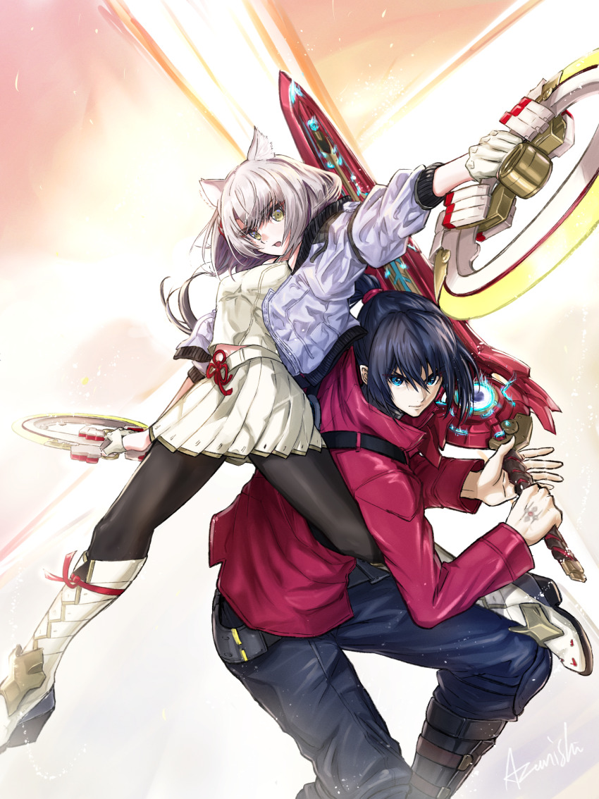 1boy, 1girl, absurdres, animal_ears, black_hair, black_pants, black_pantyhose, blue_eyes, boots, cat_ears, chakram, gloves, grey_hair, grey_jacket, highres, holding, holding_sword, holding_weapon, jacket, mio_(xenoblade), noah_(xenoblade), pants, pantyhose, ponytail, red_jacket, rooru_kyaabetsu, signature, sword, veiled_sword_(xenoblade), weapon, white_gloves, xenoblade_chronicles_(series), xenoblade_chronicles_3, yellow_eyes