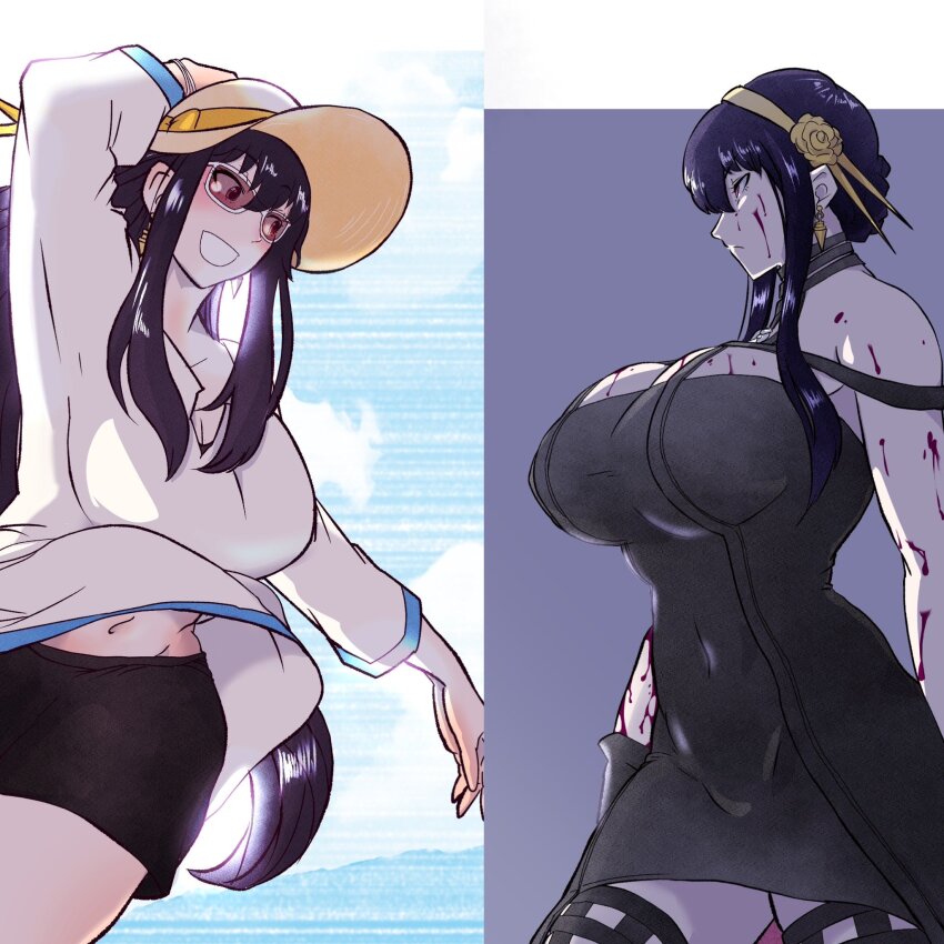 1girl, bare_shoulders, black_dress, black_hair, blood, blood_on_arm, blood_on_breasts, blood_on_chest