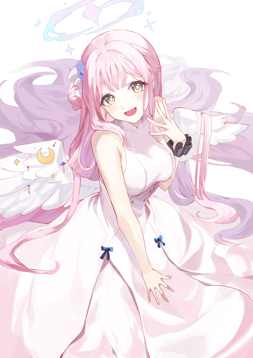 1girl, absurdres, angel_wings, armpit_crease, bare_shoulders, black_scrunchie, blue_archive, blue_bow