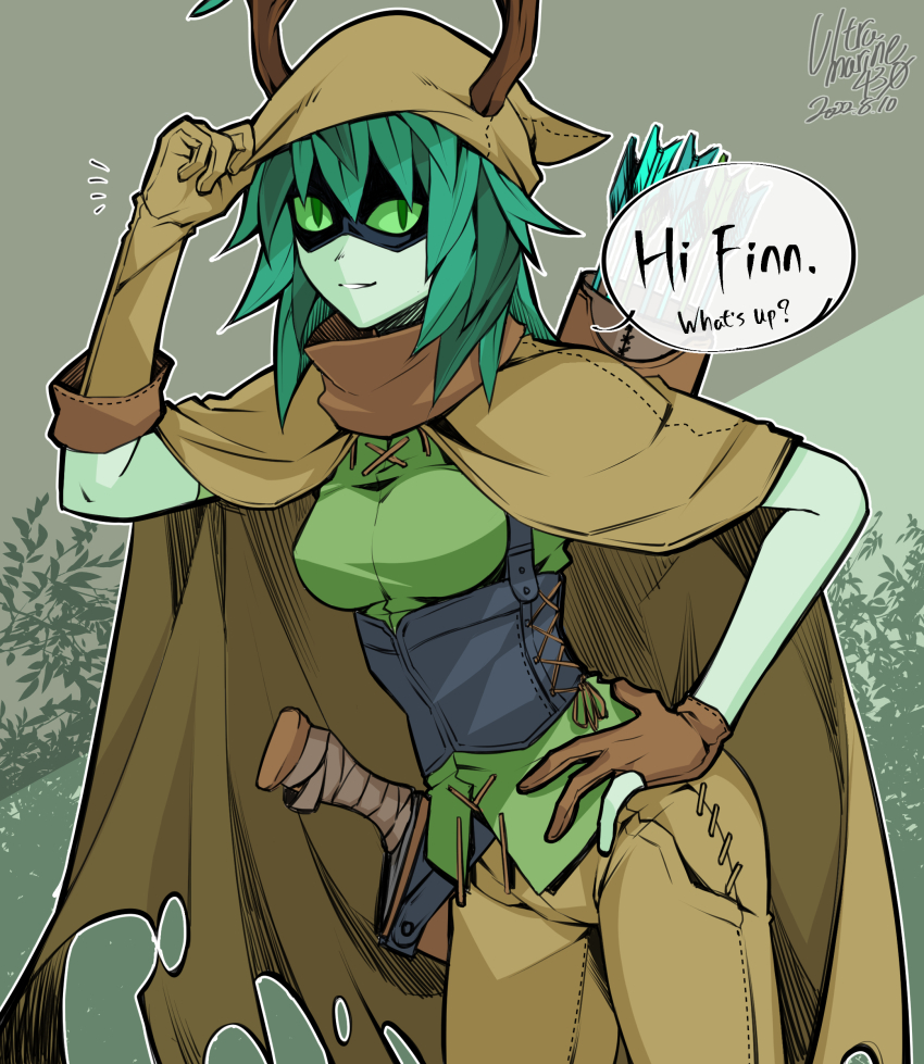 1girl, absurdres, adjusting_clothes, adjusting_headwear, adventure_time, arm_up, asymmetrical_gloves, black_mask