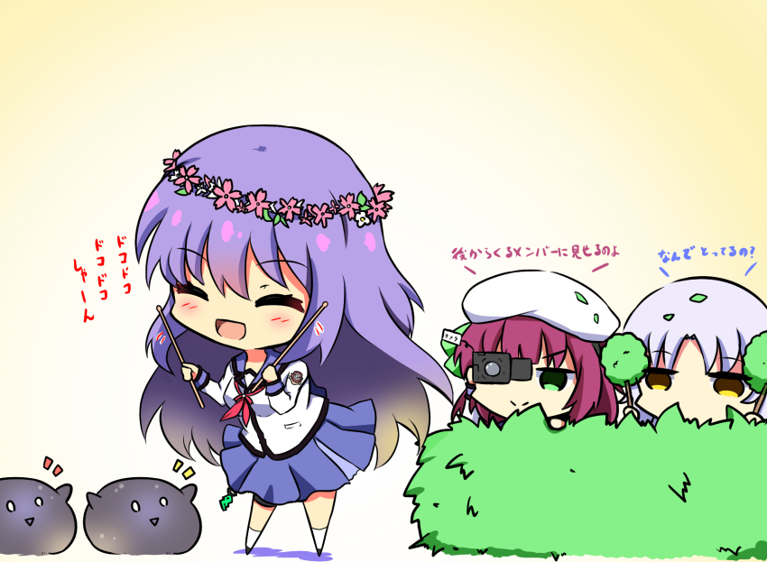 3girls, :d, ^_^, angel_beats!, beret, blue_skirt, blush, bush