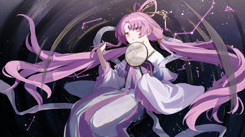 1girl, absurdres, bow-shaped_hair, chinese_clothes, collarbone, constellation, fingertip_gentleman, floating_hair