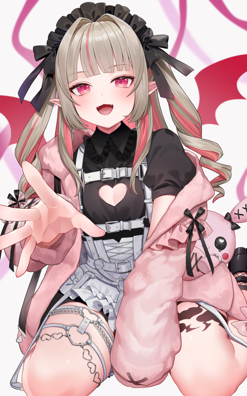 1girl, absurdres, apron, bat_wings, black_dress, black_footwear, black_headdress, black_ribbon