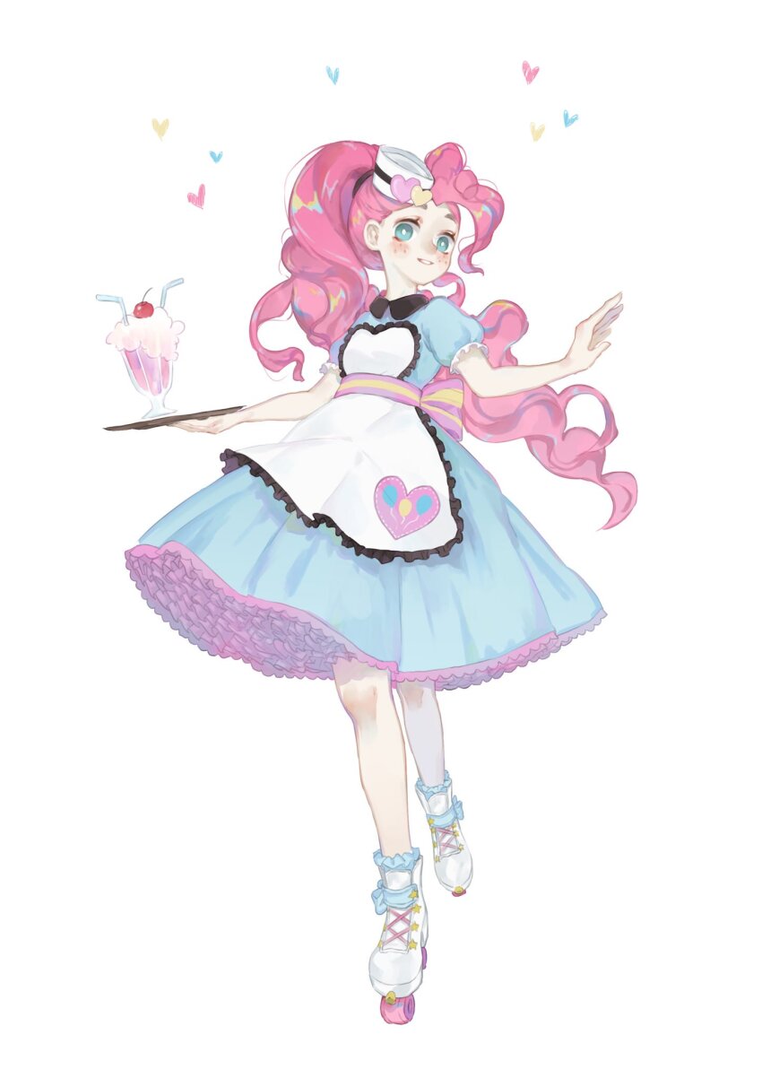 1girl, ankle_cuffs, anna_(avona), apron, aqua_eyes, back_bow, black_collar, blue_dress, blue_sleeves, bow, cherry, collar, collared_dress, cross-laced_footwear, dress, drinking_straw, equestria_girls:_summertime_shorts, eyelashes, food, freckles, frilled_sleeves, frills, fruit, full_body, glass, hat, heart, highres, holding, holding_tray, lace, lace-trimmed_apron, lace-trimmed_dress, lace_trim, light_blush, looking_at_viewer, milkshake, mini_hat, my_little_pony, my_little_pony:_equestria_girls, my_little_pony:_friendship_is_magic, open_mouth, pale_skin, petticoat, pink_bow, pink_hair, pinkie_pie, pinkie_pie_(equestria_girls), puffy_short_sleeves, puffy_sleeves, roller_skates, short_dress, short_sleeves, simple_background, skates, smile, solo, striped_bow, striped_sash, teeth, tray, waist_bow, waitress, wavy_hair, whipped_cream, white_apron, white_background, white_footwear, white_hat