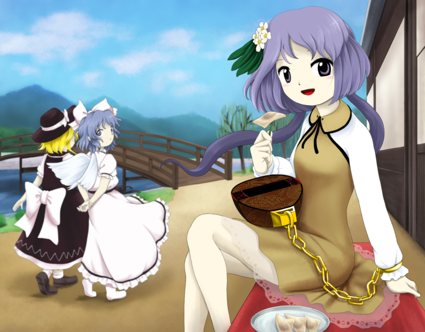 3girls, arms_behind_back, back_bow, black_dress, black_footwear, black_headwear, black_ribbon, blonde_hair, blue_eyes, blue_hair, blue_sky, bow, breasts, bridge, brown_dress, building, chain, collared_dress, day, dress, eating, facing_away, feathered_wings, flower, food, frilled_dress, frills, from_behind, from_side, hair_bow, hair_flower, hair_ornament, hat, hat_ribbon, highres, holding, holding_food, in-franchise_crossover, leaf_hair_ornament, long_dress, long_hair, long_sleeves, looking_at_viewer, looking_back, mai_(touhou), medium_hair, mountainous_horizon, multiple_girls, neck_ribbon, official_style, open_mouth, outdoors, own_hands_together, parasite_oyatsu, plate, puffy_short_sleeves, puffy_sleeves, pun, purple_eyes, purple_hair, ribbon, shoes, short_dress, short_sleeves, sitting, sky, small_breasts, smile, touhou, tsukumo_benben, water, white_bow, white_dress, white_flower, white_footwear, white_ribbon, white_wings, wings, yatsuhashi_(food), yuki_(touhou), zun_(style)