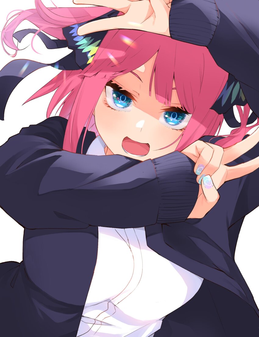 1girl, :d, absurdres, aqua_nails, black_cardigan, black_ribbon, blue_eyes, blunt_bangs