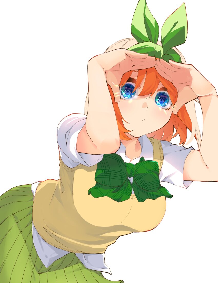 1girl, absurdres, blue_eyes, bow, breasts, commentary_request, go-toubun_no_hanayome, green_bow