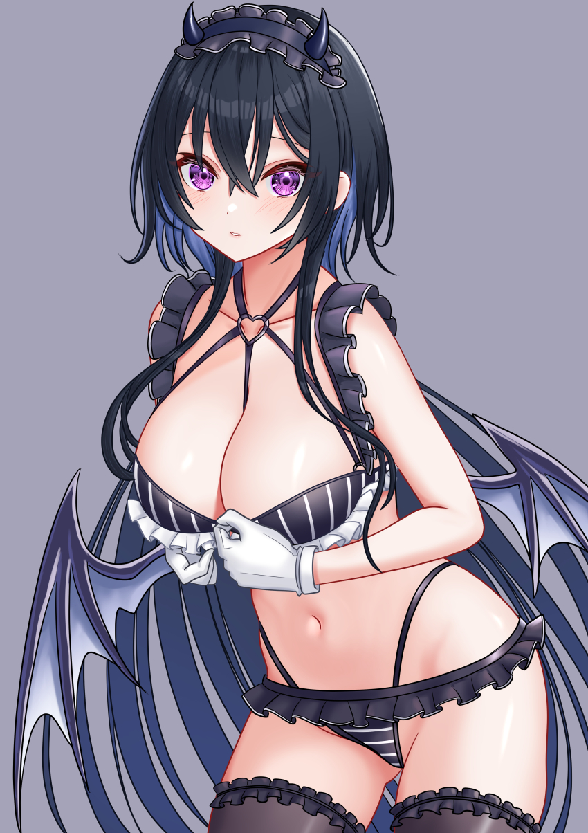 1girl, absurdres, bikini, black_bikini, black_hair, black_horns, black_thighhighs, blue_hair
