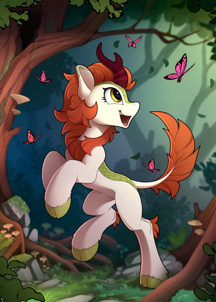 1girl, autumn_blaze, brown_eyes, brown_hair, bug, butterfly, grass, highres, horns, insect, kirin_(mlp), my_little_pony, my_little_pony:_friendship_is_magic, no_humans, open_mouth, outdoors, pink_butterfly, single_horn, solo, tail, tree, white_fur, yakovlev-vad