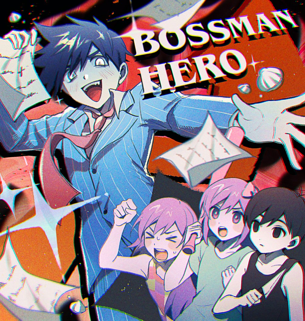 >_<, 1girl, 3boys, aubrey_(headspace)_(omori), aubrey_(omori), black_hair, blue_suit, bossman_hero