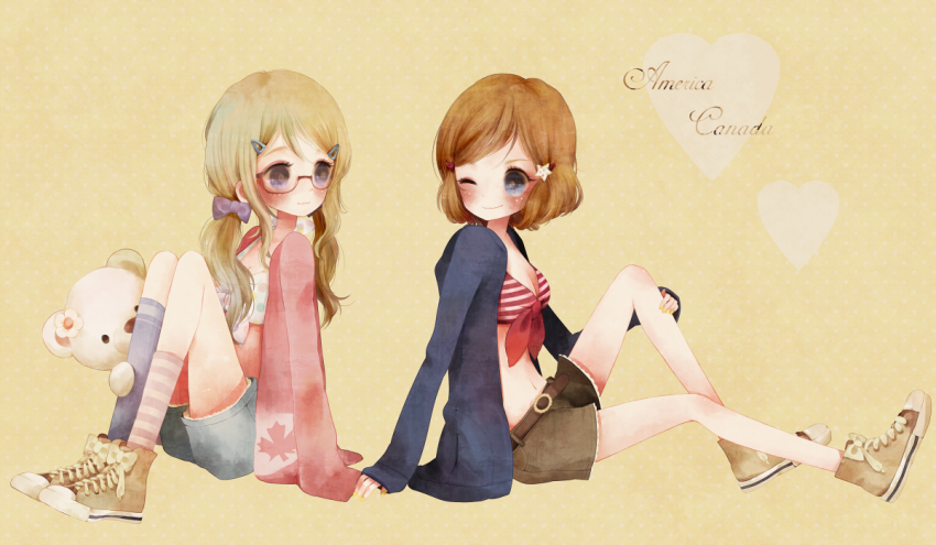 2girls, america_(female)_(hetalia), america_(hetalia), asymmetrical_legwear, axis_powers_hetalia, bad_id, bad_pixiv_id, blonde_hair