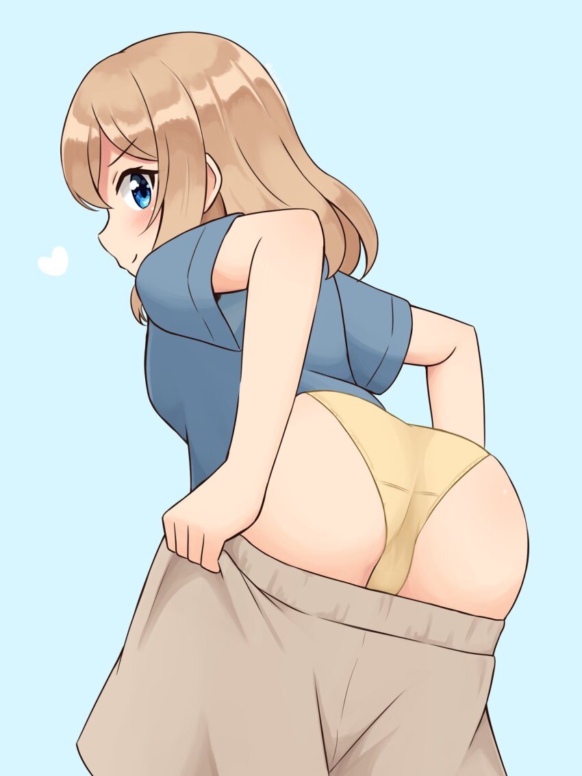 1girl, aona_(shiraha_maru), ass, bent_over, blue_background, blue_eyes, blue_shirt, clothes_pull, commentary, crotch_seam, from_behind, grey_shorts, heart, highres, leaning_forward, light_brown_hair, looking_at_viewer, looking_back, original, panties, pulling_own_clothes, shiraha_maru, shirt, short_hair, shorts, shorts_pull, simple_background, solo, standing, t-shirt, underwear, yellow_panties