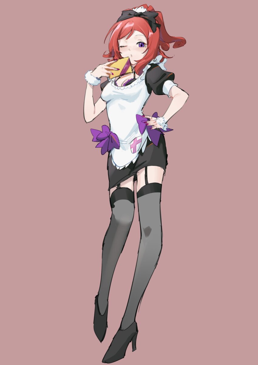 1girl, absurdres, apron, bra, bracelet, closed_mouth, garter_straps, high_heels