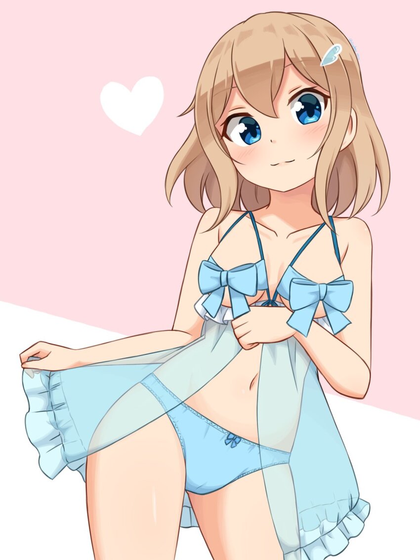 1girl, aona_(shiraha_maru), blue_background, blue_eyes, blue_panties, blush, bow, bow_panties, breasts, closed_mouth, commentary_request, cowboy_shot, hair_ornament, hairclip, heart, highres, light_brown_hair, lingerie, looking_at_viewer, medium_breasts, navel, original, panties, partial_commentary, pink_background, shiraha_maru, short_hair, smile, solo, standing, underwear, underwear_only