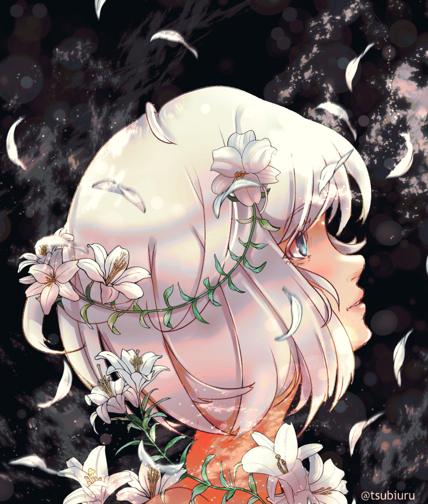 1girl, black_background, blue_eyes, flower, hair_flower, hair_ornament, highres, niehime_to_kemono_no_ou, petals, portrait, profile, sara_lewis, sariphi, short_hair, solo, white_hair