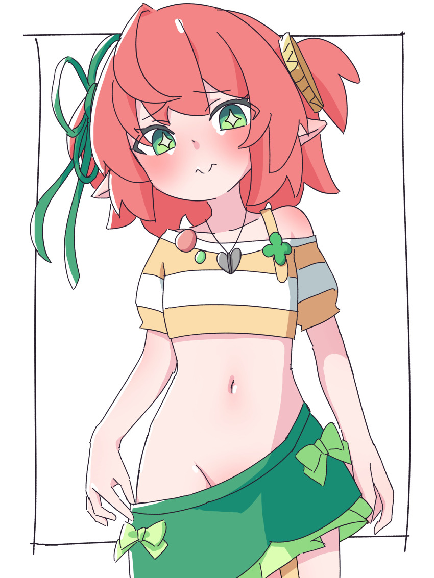 absurdres, bare_shoulders, blush, clover, coin_hair_ornament, collarbone, four-leaf_clover, full-face_blush, fuyo_cloverfield, green_eyes, green_ribbon, green_skirt, hair_ornament, highres, chromashift, navel, no_panties, notkuriimu, pointy_ears, red_hair, ribbon, skirt, sparkling_eyes, stomach, stomach_day, striped_clothes, virtual_youtuber