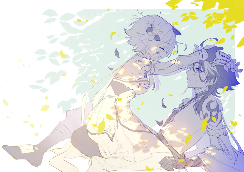 1boy, 1girl, akasaki_aimu, closed_eyes, commentary_request, flower, genshin_impact, hat