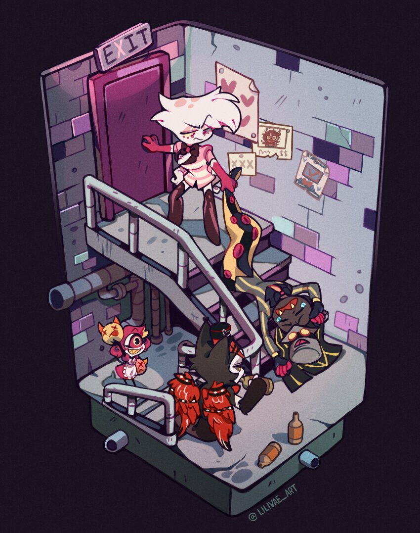 1girl, 3boys, absurdres, angel_dust, animal_ears, apron, artist_name, black_background