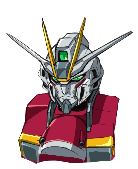 bravern, closed_mouth, cropped_torso, crossover, fusion, green_eyes, gundam, gundam_seed