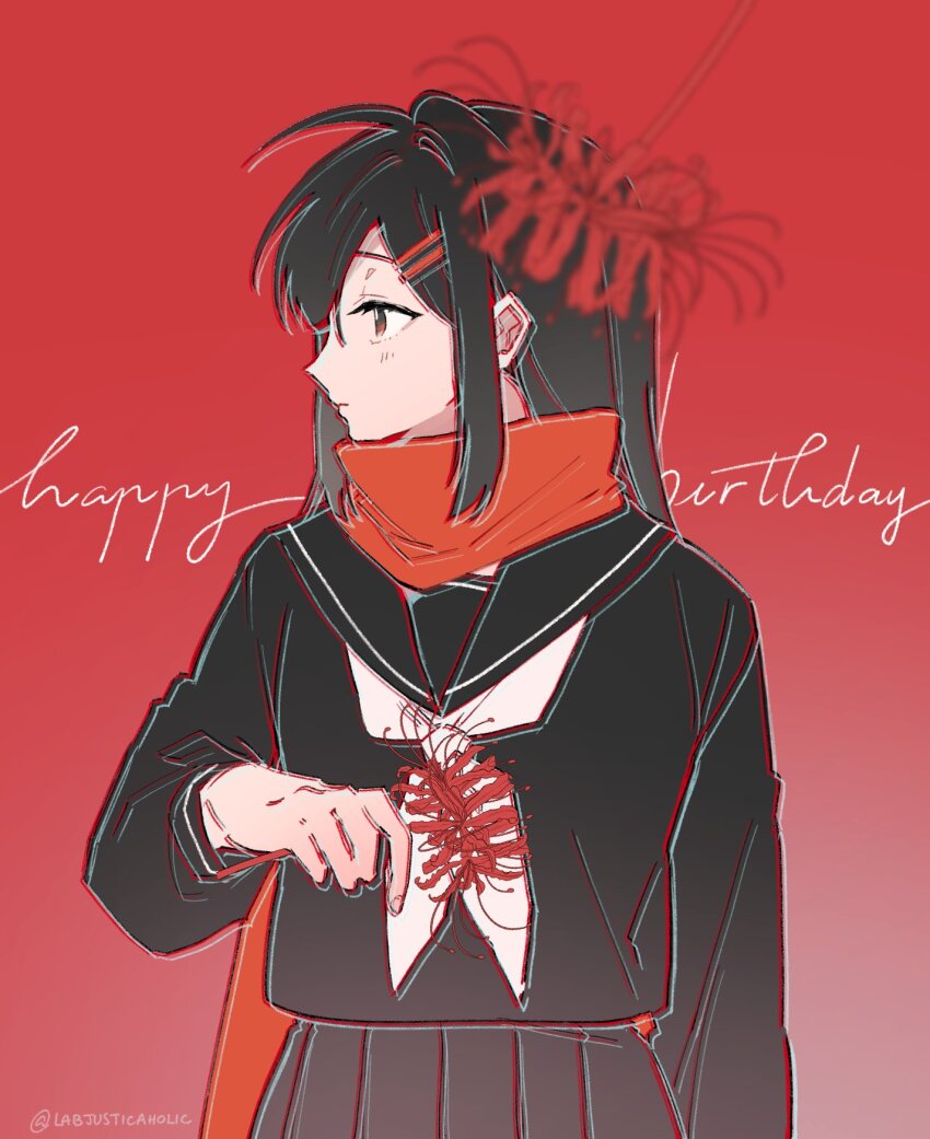 1girl, black_hair, black_sailor_collar, black_serafuku, black_shirt, brown_eyes, closed_mouth, commentary