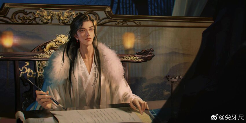 1boy, absurdres, artist_name, black_hair, book, brown_eyes, calligraphy_brush, chair