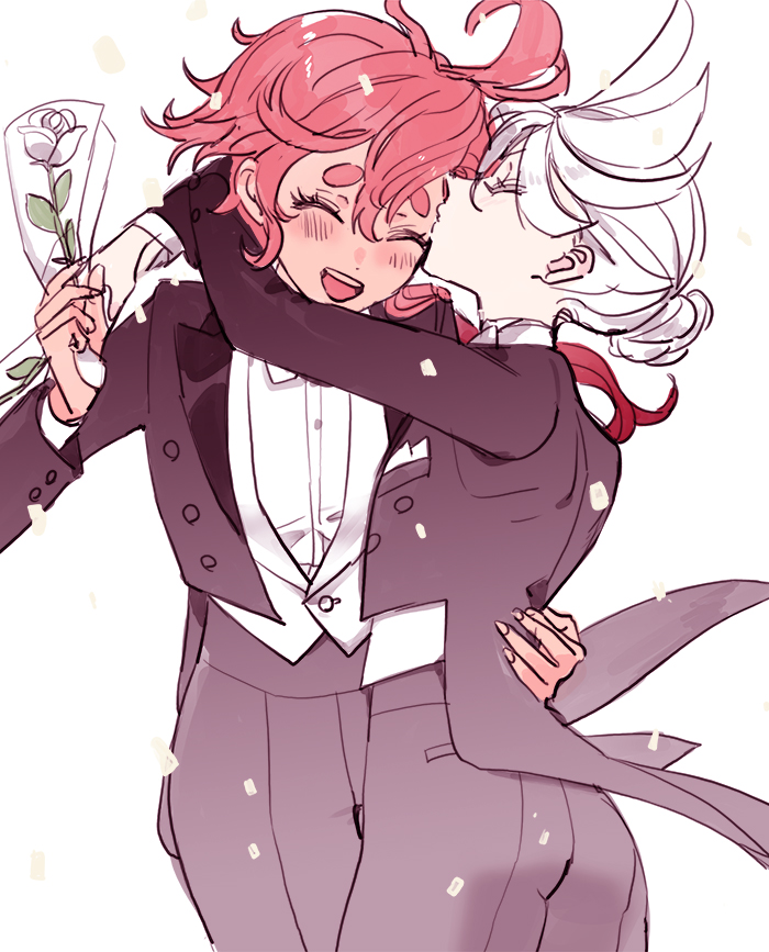 2girls, arms_around_neck, black_jacket, black_pants, closed_eyes, collared_shirt, commentary_request, confetti