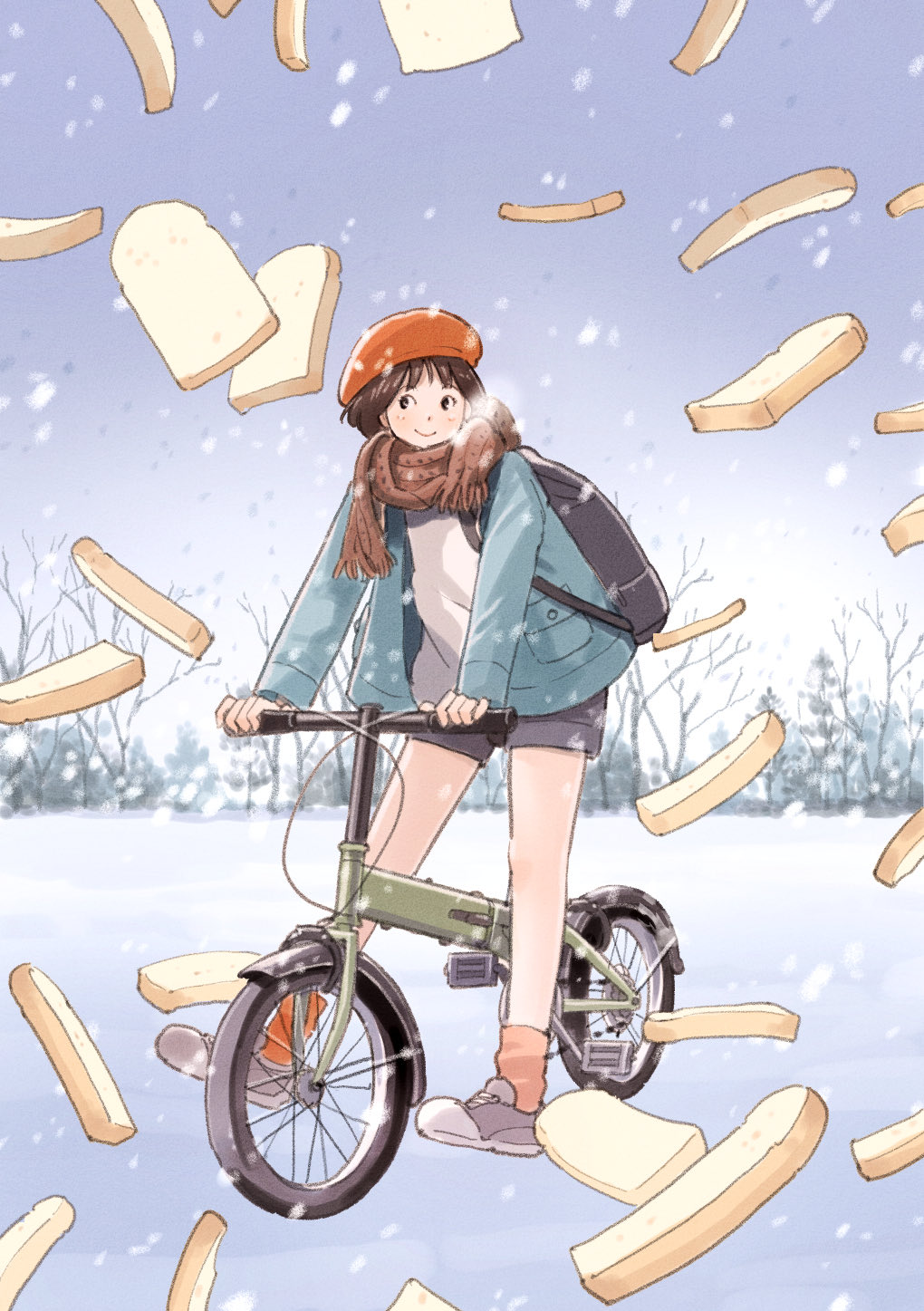 1girl, backpack, bag, bare_tree, beret, bicycle, bizarre_rain, black_hair
