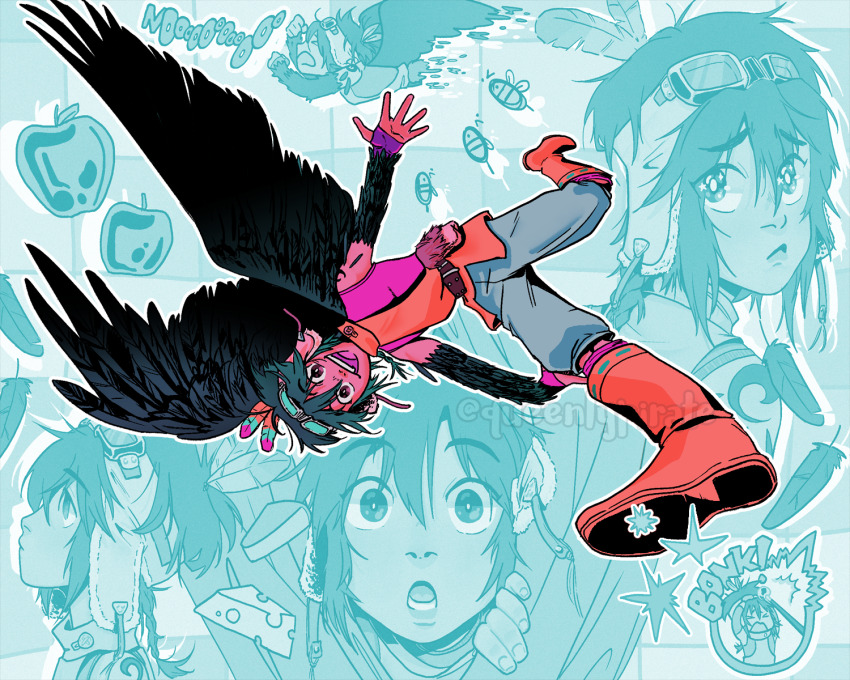 >_<, +anima, 1boy, apple, aqua_background, bag, bird_boy, black_feathers