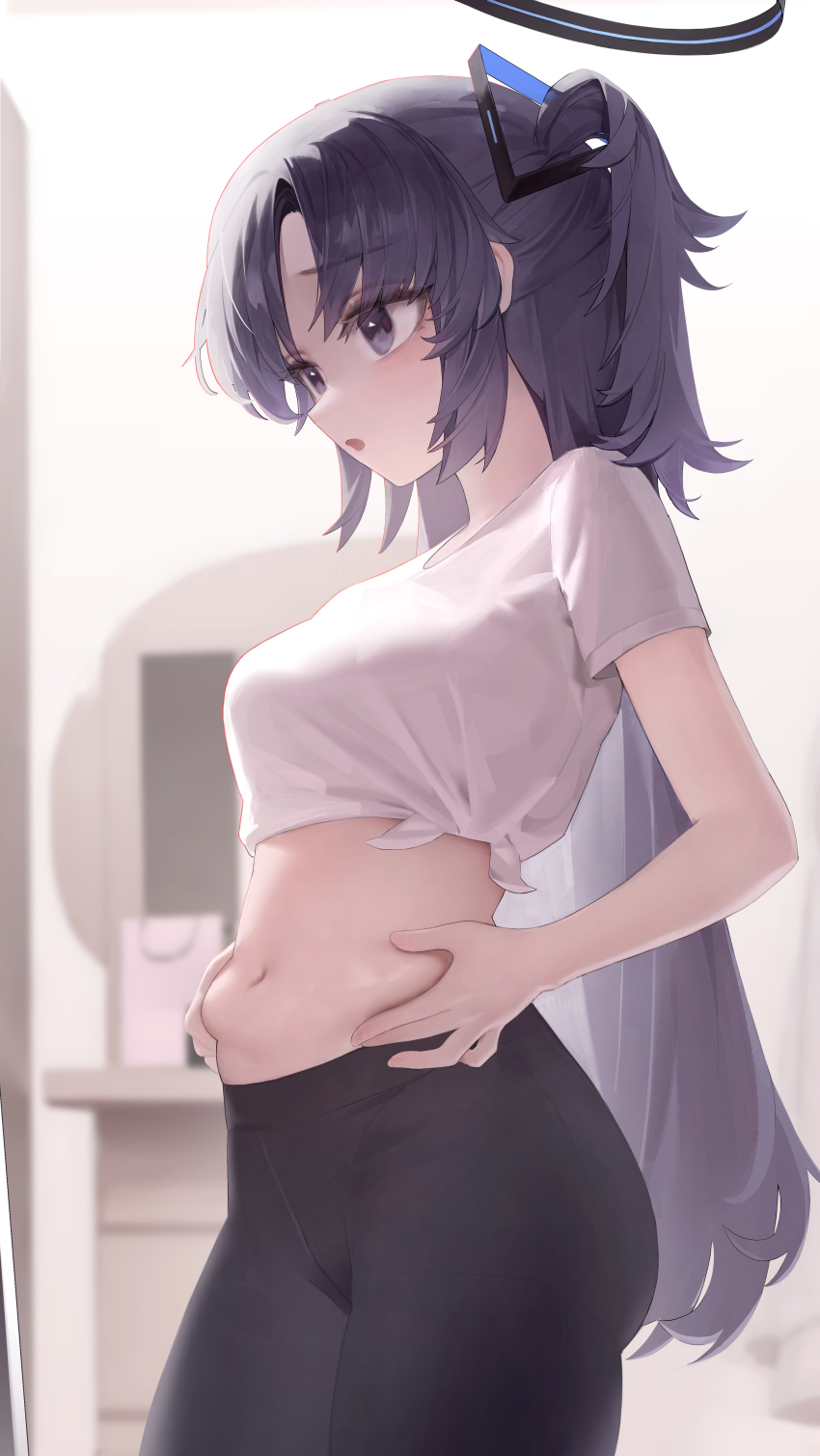 1girl, absurdres, ass, belly, black_pants, blue_archive, blush, breasts, cowboy_shot, from_side, halo, highres, klakmon, long_hair, mechanical_halo, medium_breasts, navel, open_mouth, pants, pinching_own_belly, purple_eyes, purple_hair, shirt, short_sleeves, solo, tied_shirt, two_side_up, very_long_hair, weight_conscious, white_shirt, yoga_pants, yuuka_(blue_archive)