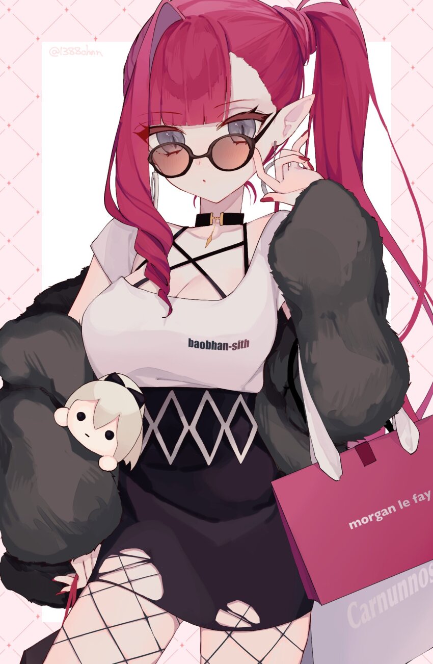1388chan, 1girl, :o, adjusting_eyewear, alternate_costume, alternate_hairstyle, artist_name, bag, baobhan_sith_(comiket_103)_(fate), baobhan_sith_(fate), black_choker, black_skirt, blunt_bangs, blush, border, breasts, brown-framed_eyewear, character_doll, character_name, choker, cleavage, coat, contrapposto, cowboy_shot, doll, drill_hair, drill_sidelocks, earrings, elbow_carry, fate/grand_order, fate_(series), fishnet_pantyhose, fishnets, fur_coat, grey_coat, grey_eyes, hand_up, high-waist_skirt, highres, holding, holding_bag, hoop_earrings, jewelry, long_hair, looking_at_viewer, medium_breasts, morgan_le_fay_(fate), nail_polish, off_shoulder, orange-tinted_eyewear, outside_border, pantyhose, parted_lips, pink_border, pink_hair, pink_nails, pointy_ears, shirt, shopping_bag, short_sleeves, side_ponytail, sidelocks, simple_background, single_hair_intake, single_sidelock, skirt, slit_pupils, solo, sunglasses, tinted_eyewear, torn_clothes, torn_skirt, twitter_username, white_background, white_shirt