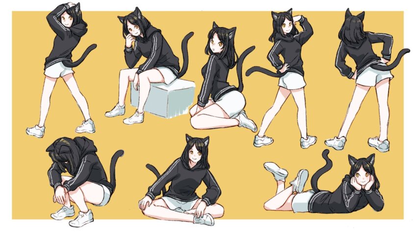 1girl, :o, animal_ears, arm_up, black_hair, black_hoodie, cat_ears, cat_girl
