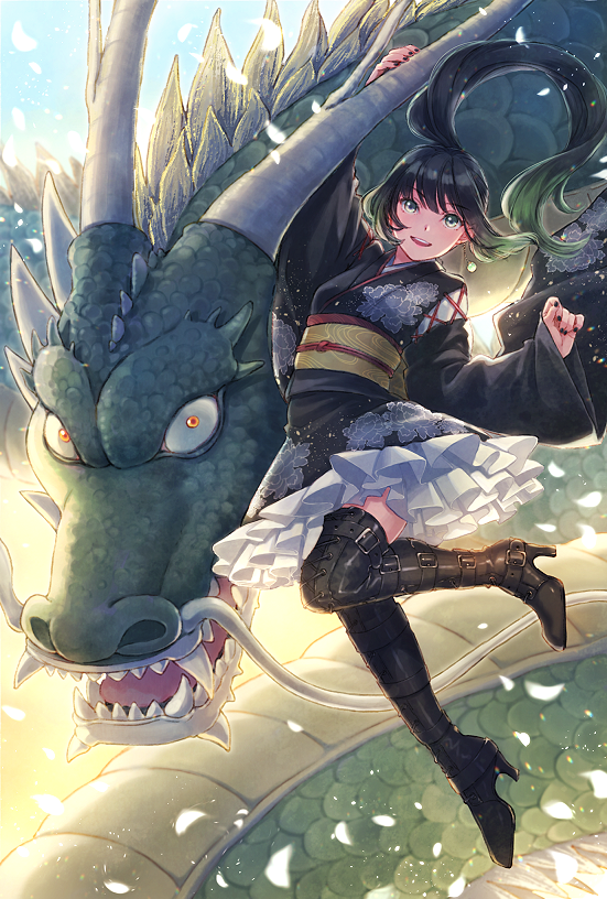 1girl, 2024, animal, antler_grab, antlers, arm_up, belt_boots, black_footwear