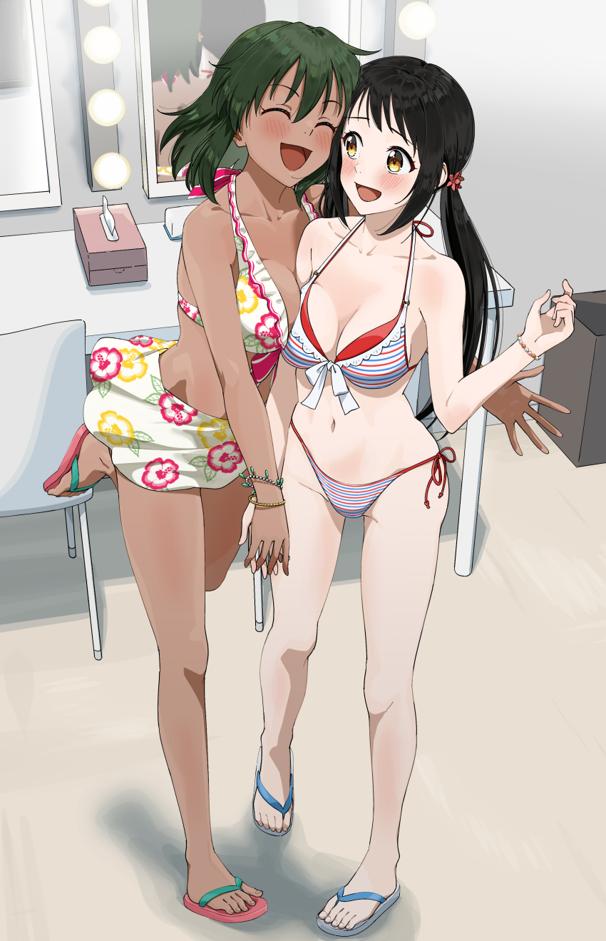 2girls, absurdres, bare_shoulders, bikini, black_hair, blush, breasts, brown_eyes