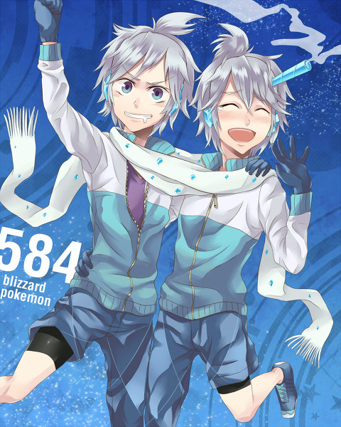 10s, 2boys, blue_eyes, blush, closed_eyes, gen_5_pokemon, hand_on_shoulder, ice, image_sample, jacket, mebata_shun, multiple_boys, nintendo, personification, pixiv_sample, pokemon, pokemon_black_and_white, resized, saliva, scarf, short_hair, siblings, standing, standing_on_one_leg, twins, vanilluxe, white_hair