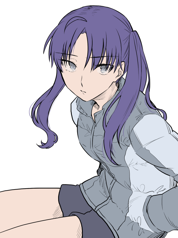 1girl, black_shorts, grey_eyes, grey_jacket, jacket, metarogu, purple_hair, saiki_mio