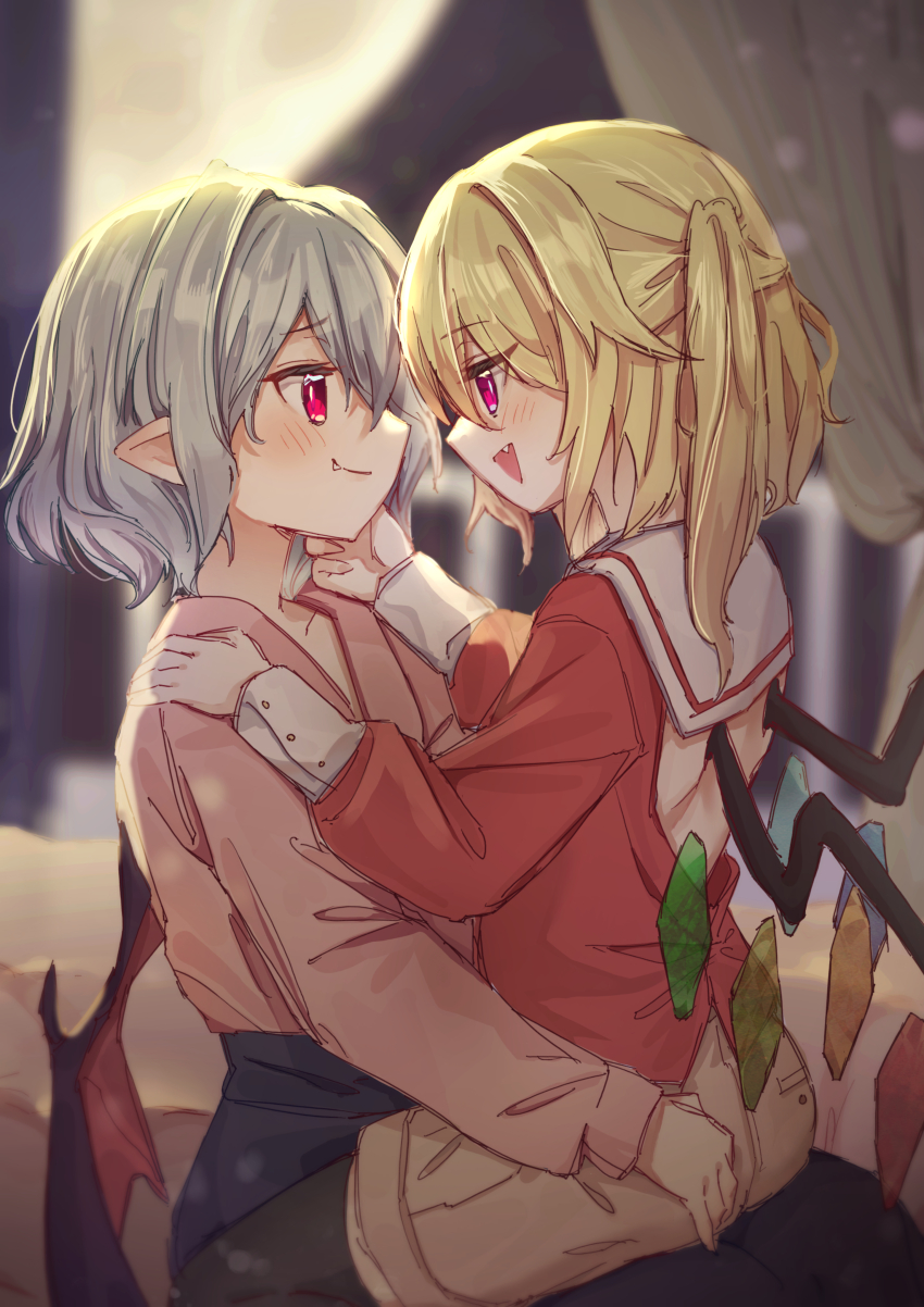 2girls, absurdres, backless_outfit, bat_wings, blonde_hair, blue_hair, crystal_wings, curtains, fangs, flandre_scarlet, highres, implied_incest, indoors, kutabiretainu, moon, multiple_girls, open_mouth, pointy_ears, red_eyes, remilia_scarlet, sailor_collar, siblings, side_ponytail, sitting, sitting_on_lap, sitting_on_person, touhou, wings, yuri