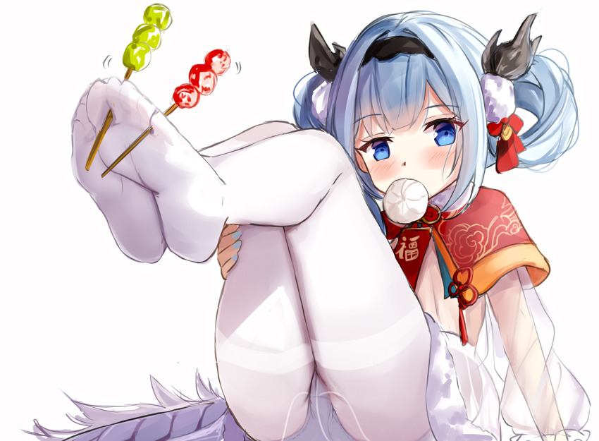 1girl, azur_lane, between_toes, blue_eyes, blue_hair, blue_panties, chinese_commentary, commentary_request, dango, feet, food, hair_rings, hamiro, legs_up, lung_wu_(ascendant_dragon's_spring_feast)_(azur_lane), lung_wu_(azur_lane), mouth_hold, no_shoes, official_alternate_costume, panties, panties_under_pantyhose, pantyhose, short_hair, skewer, soles, solo, thighband_pantyhose, toes, underwear, wagashi, white_background, white_pantyhose