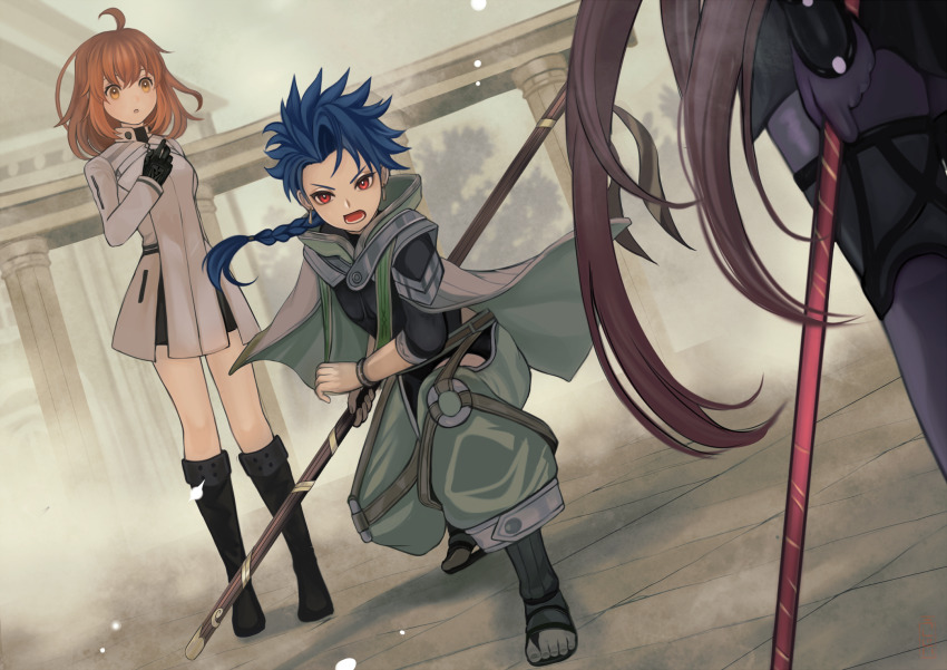 1boy, 2girls, :o, ahoge, black_footwear, black_gloves, blue_hair, bodysuit