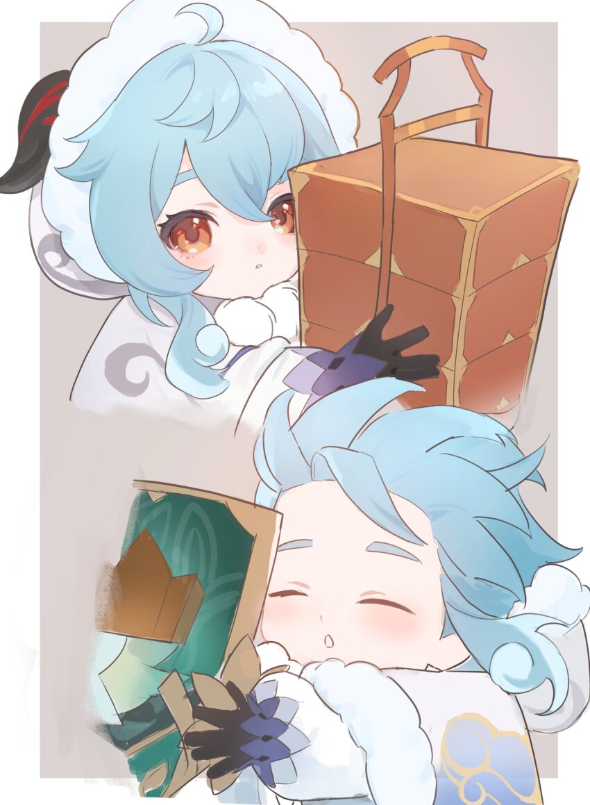 1girl, absurdres, aged_down, ahoge, bell, black_gloves, blue_hair, cape, child, closed_eyes, cowbell, fur-trimmed_cape, fur-trimmed_headwear, fur-trimmed_hood, fur_trim, ganyu_(young)_(genshin_impact), ganyu_(genshin_impact), genshin_impact, gloves, goat_horns, hair_between_eyes, highres, hood, hood_up, horns, neck_bell, official_alternate_costume, sidelocks, tsukio_(o_tukio), upper_body, winter_clothes