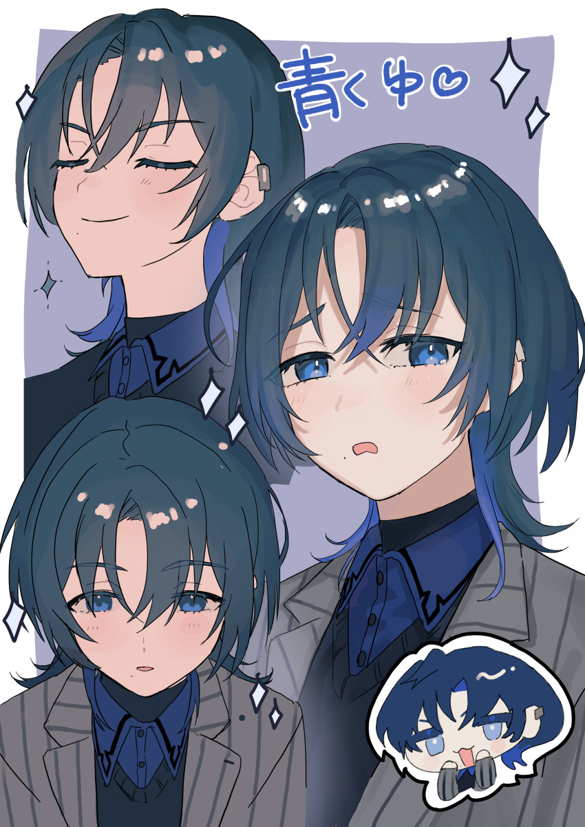 1girl, 6demo, absurdres, black_shirt, blue_eyes, blue_hair, closed_eyes, closed_mouth