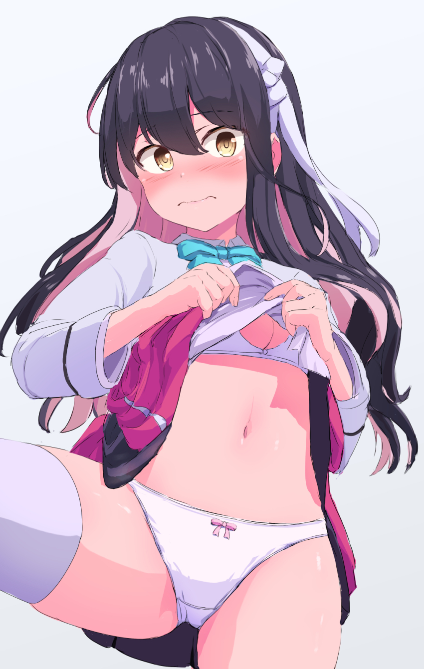 1girl, aqua_bow, aqua_bowtie, black_hair, blush, bow, bowtie, bra