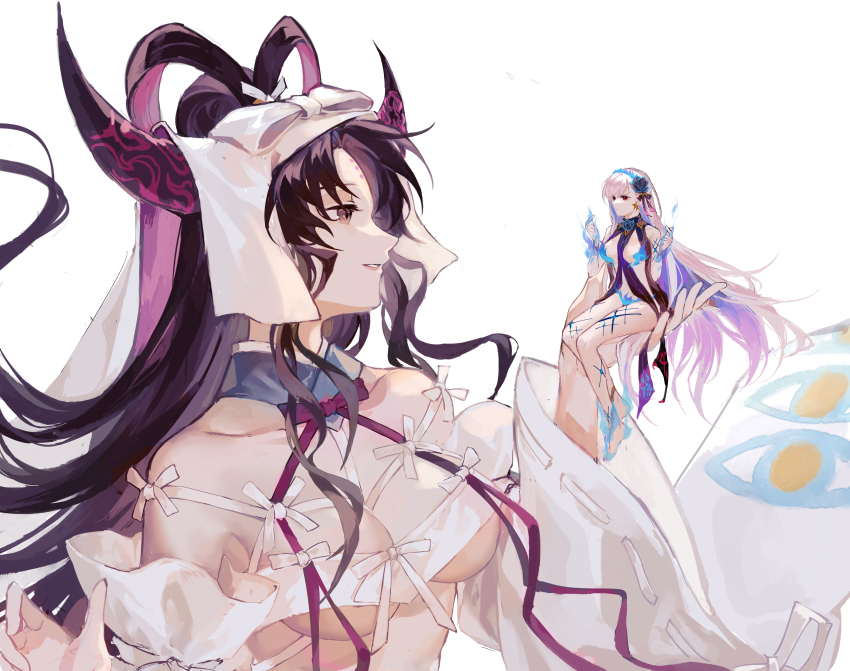 2girls, absurdres, barefoot, bikini, black_flower, black_hair, blue_fire, blue_hairband, body_markings, bracelet, breasts, brown_eyes, chinese_commentary, closed_mouth, commentary_request, detached_sleeves, double_finger_heart, earrings, fate/grand_order, fate_(series), finger_heart, fire, flower, forehead_tattoo, full_body, giant, giantess, gold_bracelet, gold_earrings, grin, hair_flower, hair_ornament, hair_ribbon, hairband, hands_up, highres, horns, in_palm, jewelry, jnsghsi, kama_(adult)_(fate), kama_(fate), kama_(swimsuit_avenger)_(third_ascension)_(fate), kama_(third_ascension)_(fate), large_breasts, large_horns, long_hair, long_sleeves, looking_at_another, lotus, lotus_hair_ornament, multicolored_hair, multiple_girls, one-piece_swimsuit, parted_bangs, pink_hair, pink_horns, pink_ribbon, profile, purple_hair, purple_ribbon, red_eyes, revealing_clothes, ribbon, ribbon-trimmed_sleeves, ribbon_trim, sessyoin_kiara, sessyoin_kiara_(heaven's_hole), sessyoin_kiara_(swimsuit_mooncancer)_(third_ascension), simple_background, sitting, smile, star_(symbol), star_earrings, streaked_hair, swimsuit, tattoo, turtleneck, turtleneck_one-piece_swimsuit, underboob, upper_body, veil, very_long_hair, white_background, white_bikini, white_hair, white_sleeves, white_veil, wide_sleeves