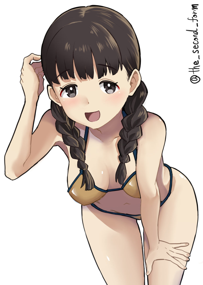 1girl, absurdres, alternate_costume, bikini, black_hair, braid, breasts, brown_bikini