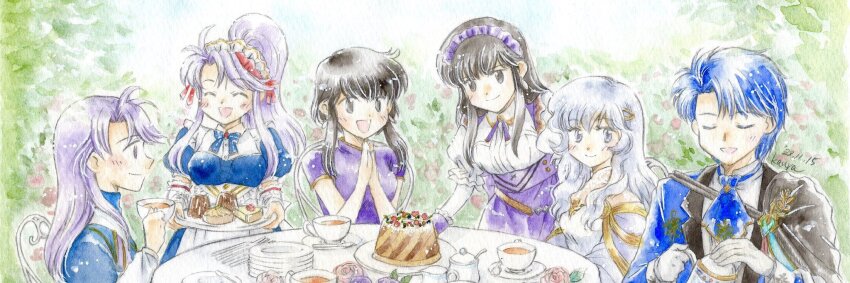 2boys, 4girls, apron, arthur_(fire_emblem:_genealogy_of_the_holy_war), ayra_(fire_emblem), ayra_(tea_party)_(fire_emblem), cake, cake_slice
