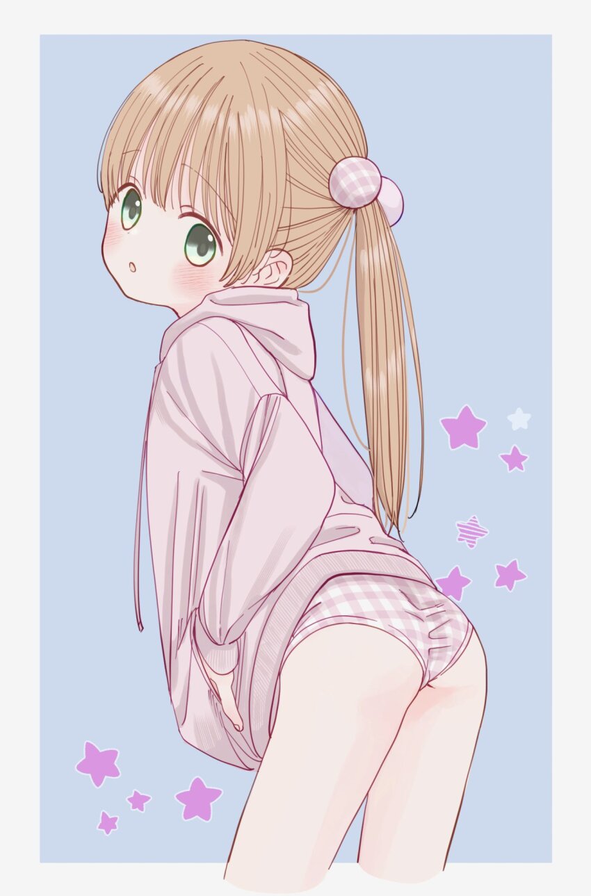 1girl, ass, blush, brown_hair, female_focus, from_behind, green_eyes, hair_bobbles