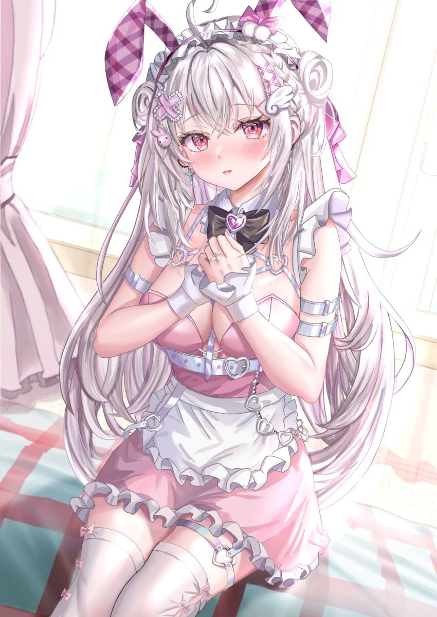 1girl, ahoge, animal_ears, apron, black_bow, black_bowtie, borrowed_character, bow