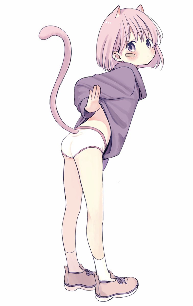 1girl, animal_ears, ass, bandaid, bandaid_on_face, black_shirt, blush, cat_ears