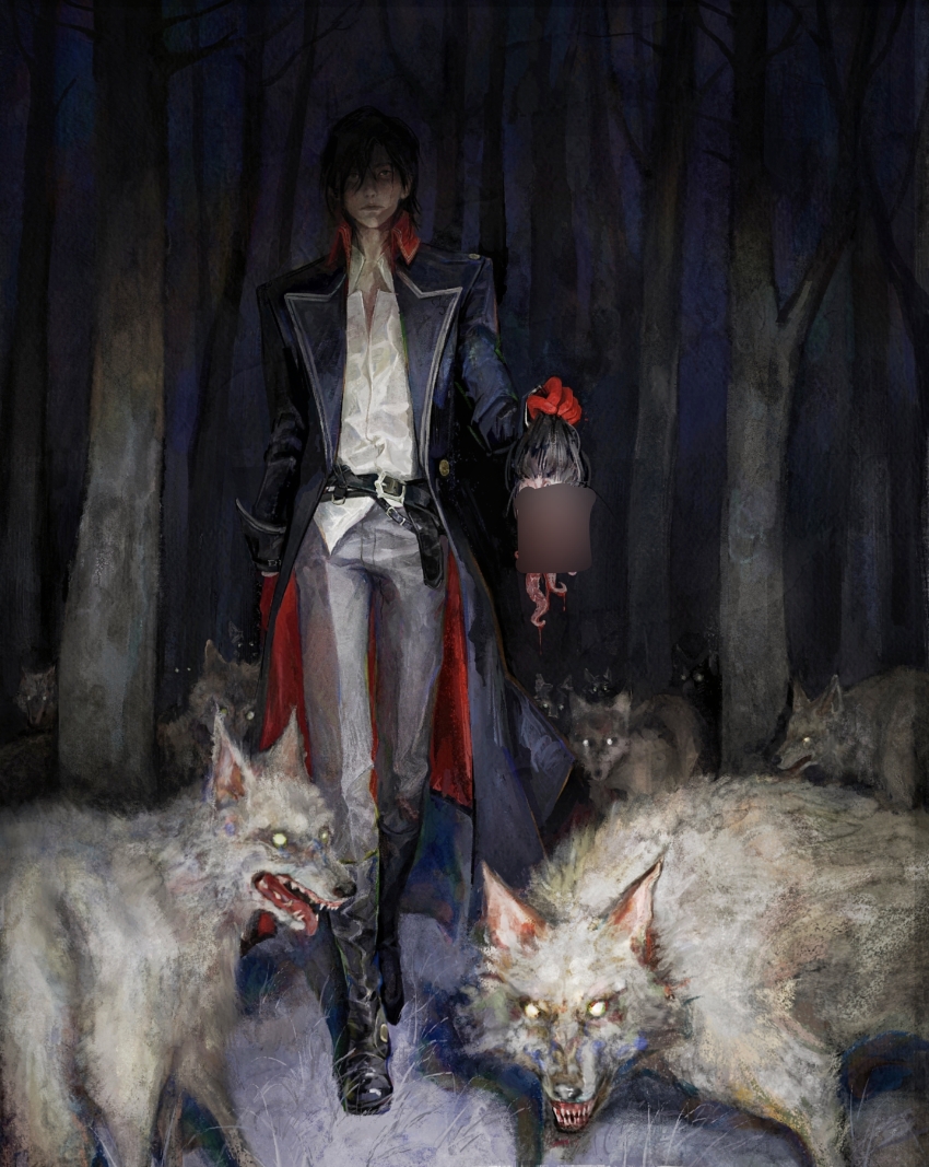 1boy, absurdres, belt, black_footwear, black_hair, black_jacket, blood, boots