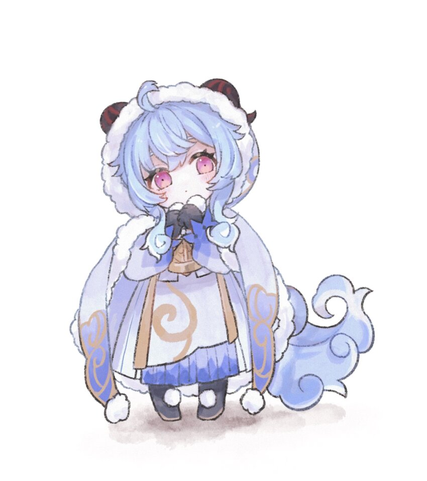 1girl, aged_down, ahoge, bell, black_gloves, blue_hair, blush, cape