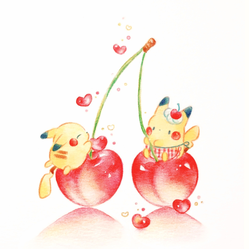 ^_^, animal, animal_focus, apron, blush_stickers, cherry, closed_eyes, clothed_animal, colored_pencil_(medium), cream, facing_another, food, food_focus, food_on_head, fruit, gen_1_pokemon, highres, looking_at_another, nintendo, no_humans, object_on_head, on_food, painting_(medium), pikachu, pikachu_(assorted_chocolates_2024), plaid_apron, plaid_clothes, pokemon, red_apron, red_thighhighs, simple_background, sitting, thighhighs, traditional_media, waist_apron, watercolor_(medium), white_background, yukichi_0611